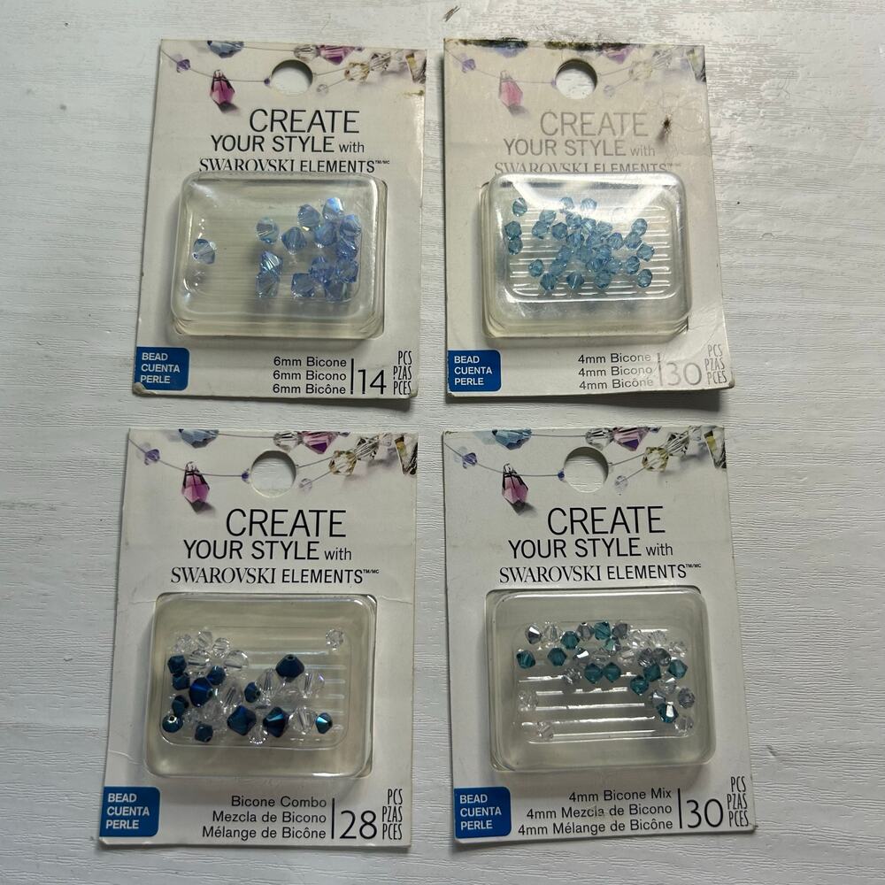 Swarovski Bicone Crystal Bead Lot Blue Silver NOS 4 Packs